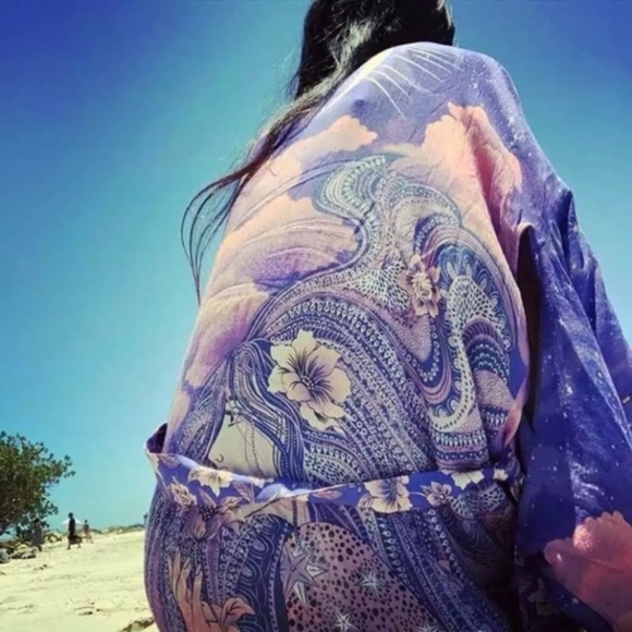 Cosmic Galaxy Moon Boho Short Kimono Robe Coverup - Picture 7 of 8